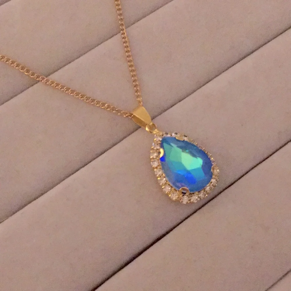 Sapphire Aurora Borealis + Gold Crystal Halo Drop Pendant Necklace - Picture 5 of 7
